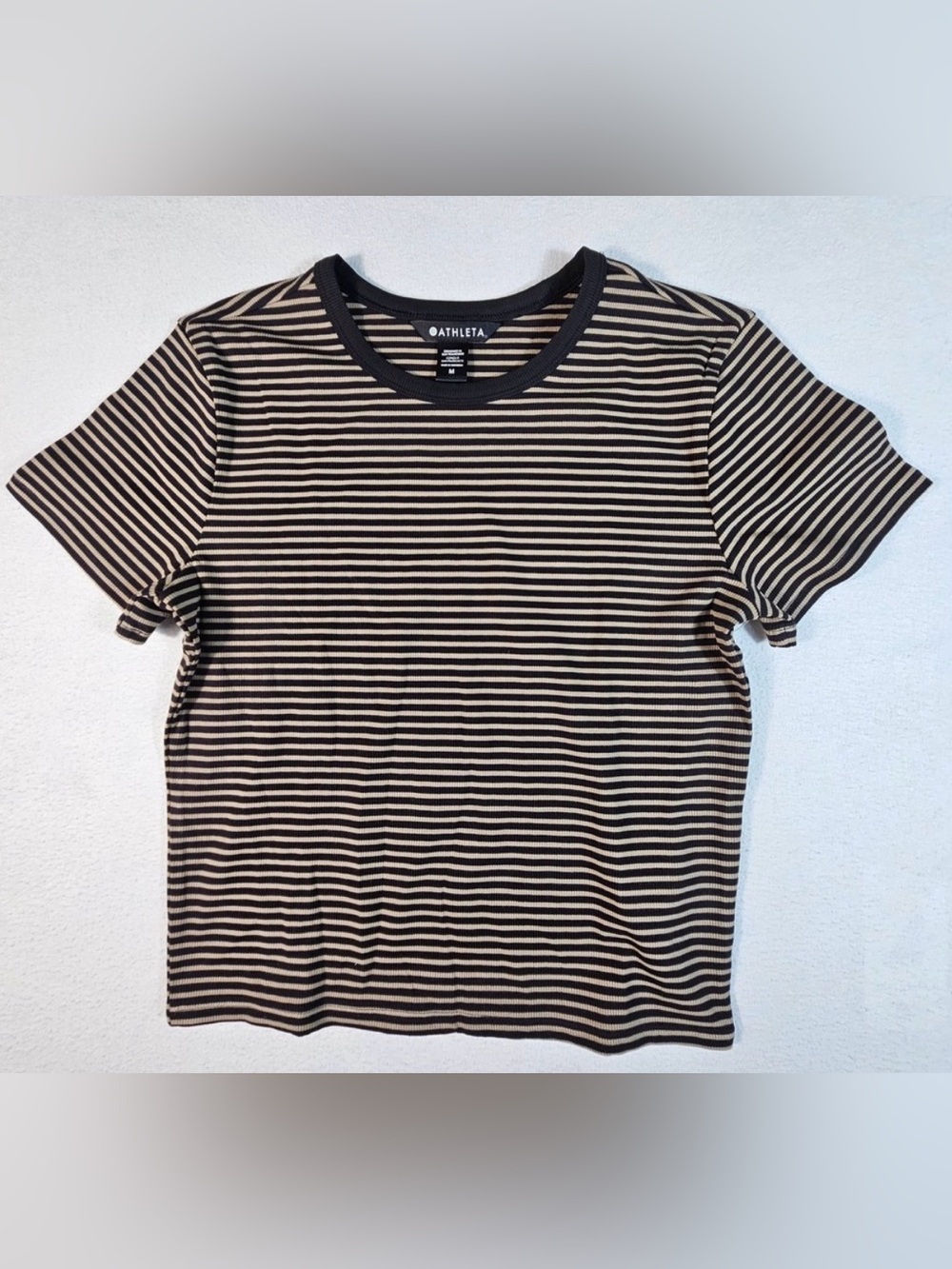 Athleta Signature Rib Crop Tee Striped Black Tan Short Sleeve Modal Top M